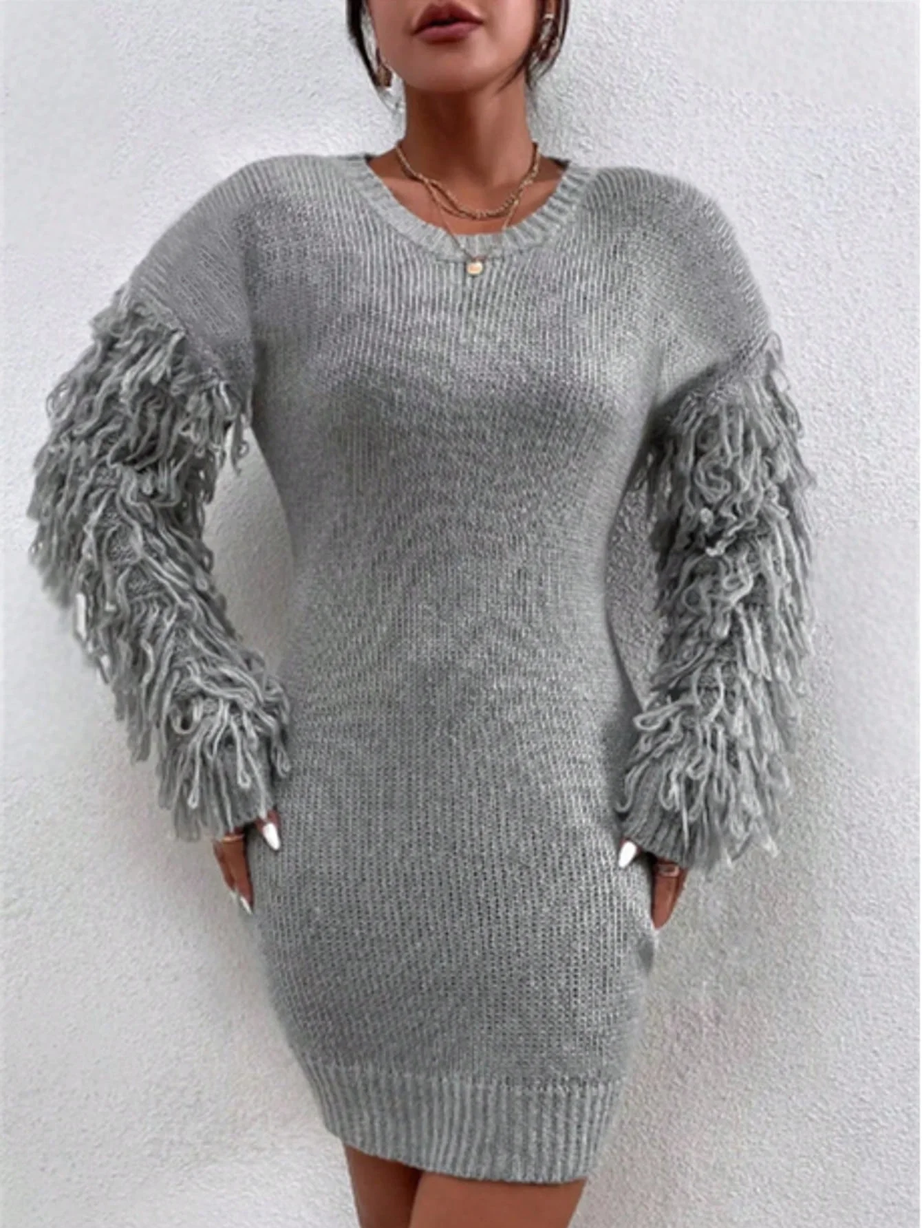 

Plus Size Women Chunky Knit Dress, Crew Neck Long Sleeve With Tassel Sleeves, Midi Length, Casual Party Outfit for Autumn Winter