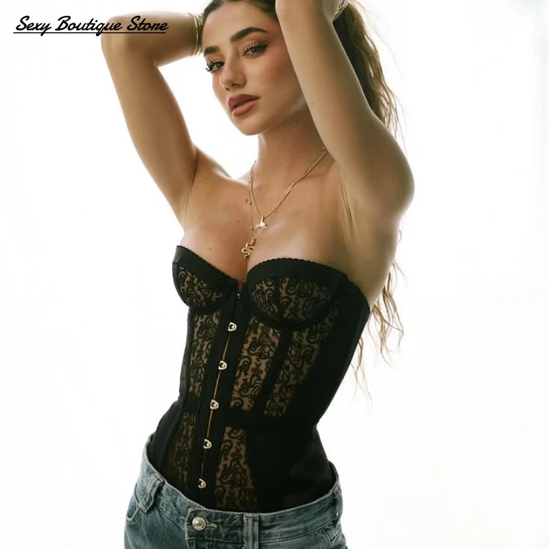 Sexy Scava Fuori Lisca di Pesce Top Senza Spalline Slim Fit Corsetto Maglia di Pizzo Con Scollo A V Modellamento Del Corpo Canotta Top 2025 Nuove Donne Shaper Serbatoi