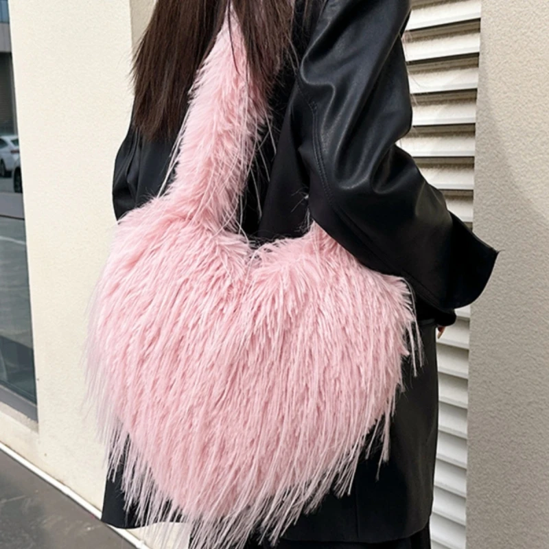 

Winter Heart Shape Soft Fluffy Faux Fur Bag Long Plush Tassal Crossbody Bag for Women 2024 Luxury Warm Shopper Purses Tote