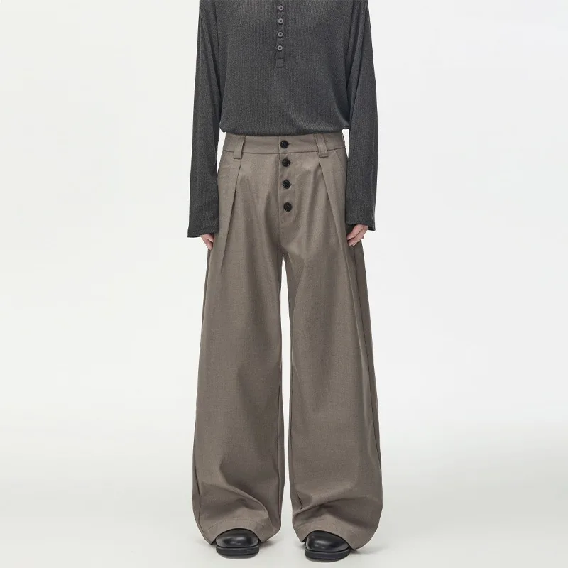 2026 Autumn Unisex Commuter Casual Suit Pants Old‑Money Style Front‑Button Pleated Structured Loose A‑Line Straight Trousers