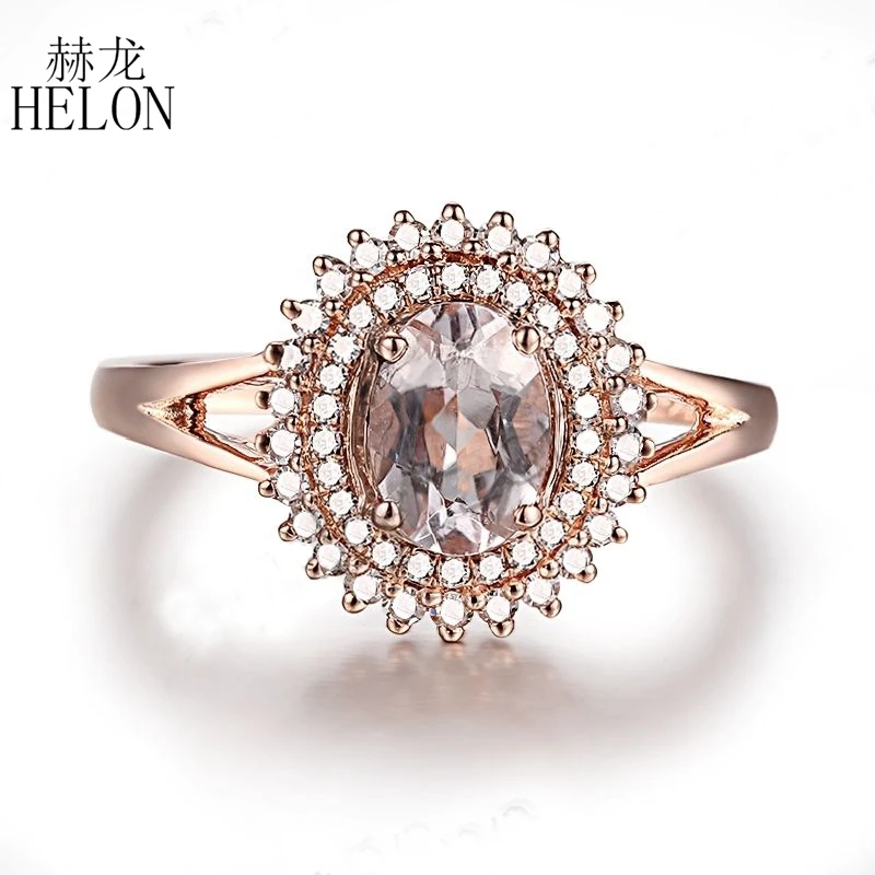 HELON Solid 14K 10K Rose Gold Oval 7x5mm Genuine Natural Morganite Diamonds Engagement Wedding Ring Women Diamond Fine Jewelry