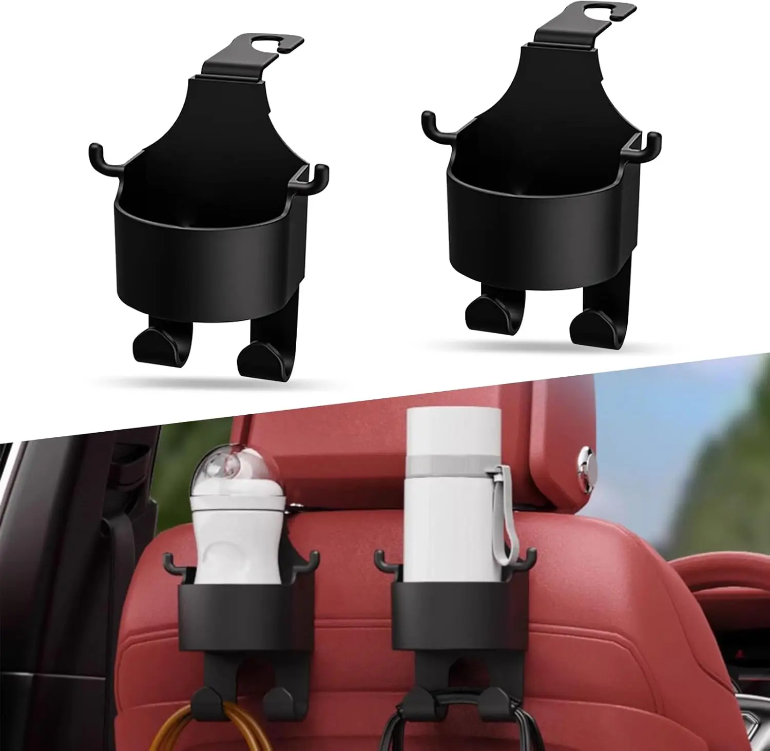 2 PCS Car Seat Headrest Water Cup Holder, Three-in-one Multifunctional Mobile Phone Holder Hanging Storage Rack, Headrest Hook