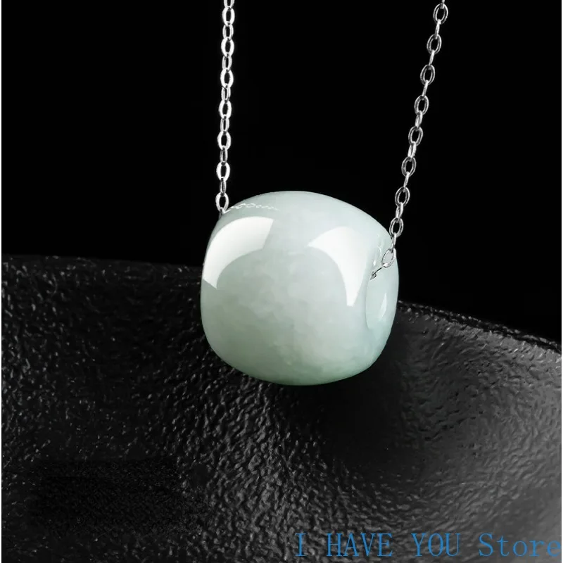 Natural A Jadeite Clipper Card Pendant Ice Seed Jade Transfer Beads Women's Jade Pendant S925 Silver Chain Jade Necklace