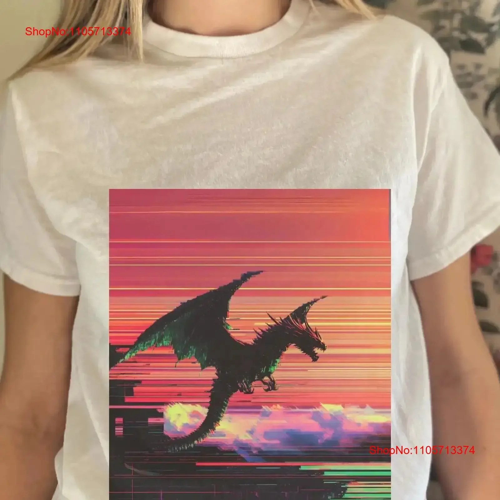 Glitchcore Pixel Dragon T Shirt Flying Over City with Glitch Effects Sunset Background Glitchpunk Style Pixelated Art vintage