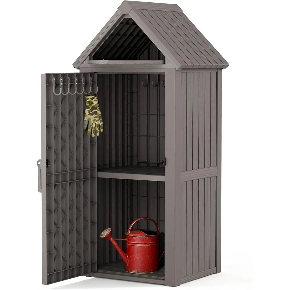 

Всепогодный уличный шкаф для хранения из полимерной смолы со съемными полками, крючками и функцией запирания для сада и принадлежностей для гриля