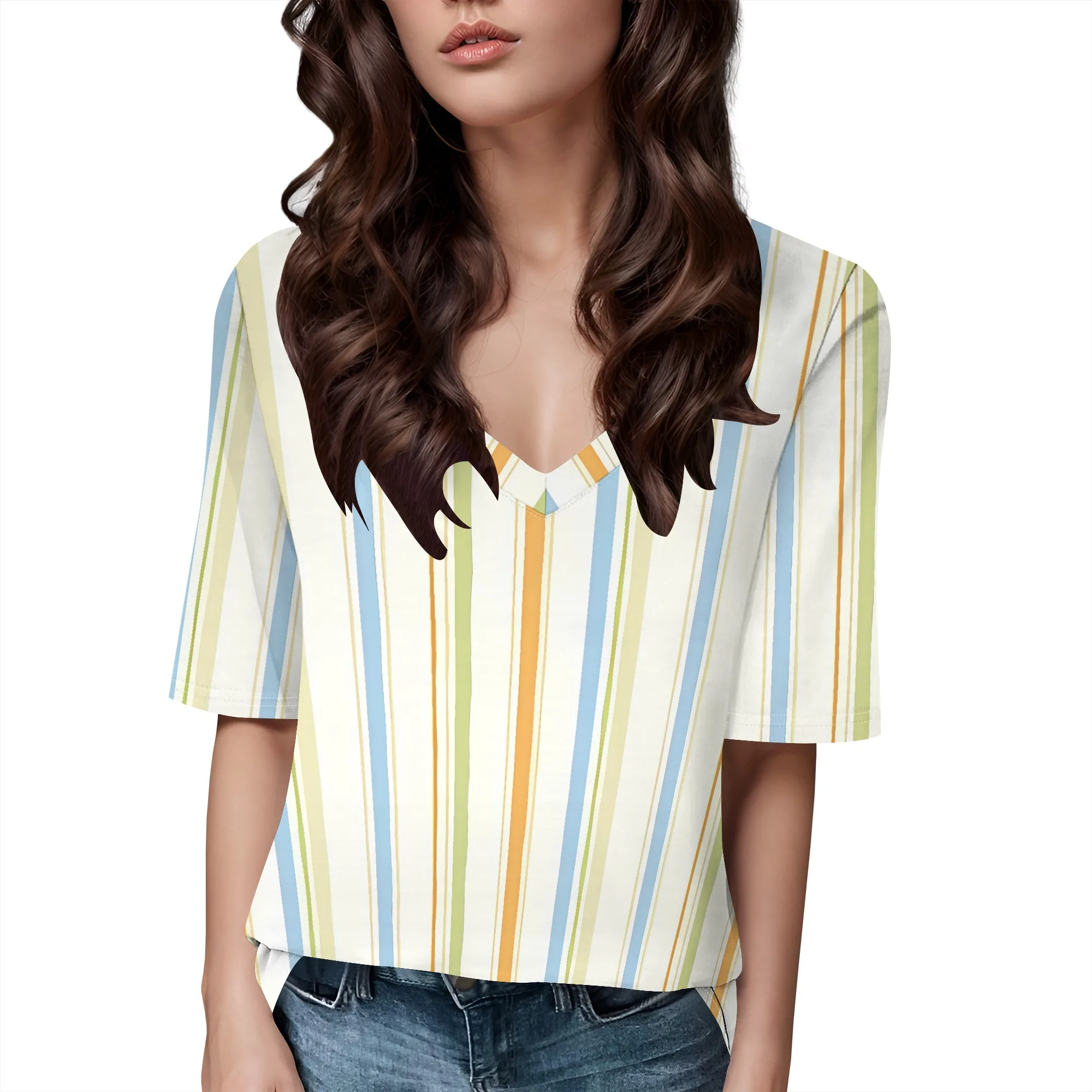 EQQZD Traditional Short Sleeve V-Neck T-Shirt Top, Stylish Simple Stripe Print T-Shirt, Casual Loose Tops for Women