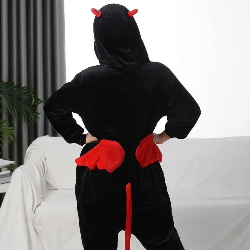 Black Evil Hooded Flannel One-piece pajamas Cartoon Button Onesie Couple Sleepwear Leisure wear Women Men Halloween Cosplay