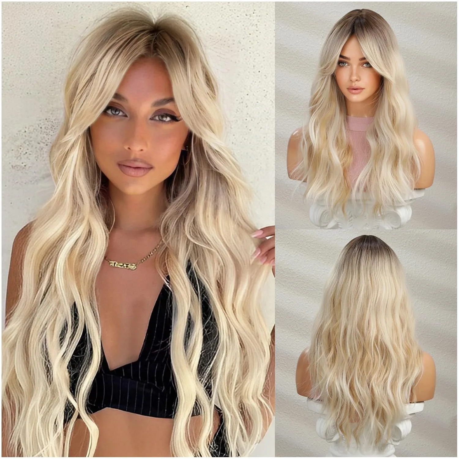 

Long Blonde Wig with Bangs Long Curly Wavy Blonde Wigs for Women Mixed Blonde...