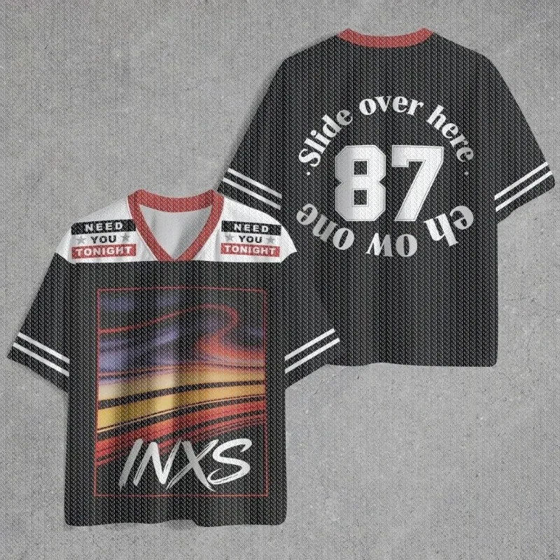 V Neck Black White Color Block Mesh Jersey T Shirt Abstract Gradient Print Number 87 Front Back Sleeve Retro Streetwear Top