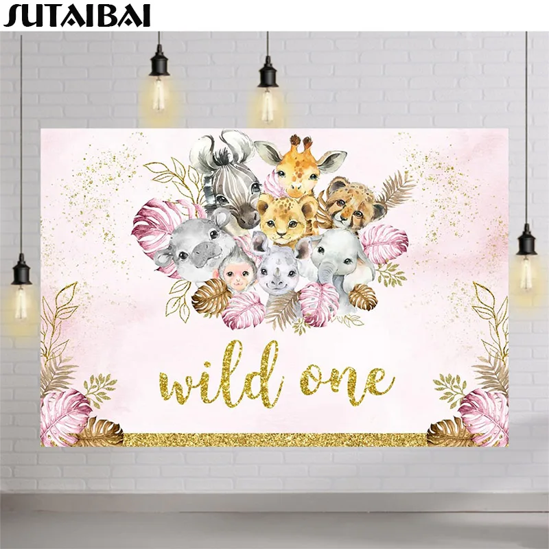 Jungle Safari Animals Wild One Backdrop Baby Girls 1st Birthday Boho Leaves Gold Dots Photography Background Party Decorations