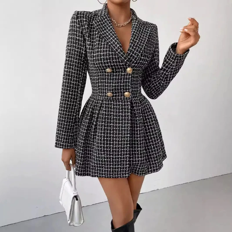 Women's Winter New Fashion Plaid Temperament Commuting V-neck Long Sleeved Skirt Jacket