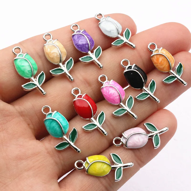 20pcs 21x10mm Enamel Rose Bud Flower Charms Pendant Alloy Metal DIY Jewelry Making Accessories Findings for Necklace Earrings