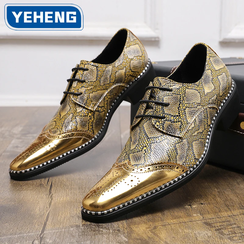 Men's Designer Dress Shoes Snake Skin Pattern Leather Oxfords Pointed Toe Lace Up Formal Business Wedding Party Luxury Brogue