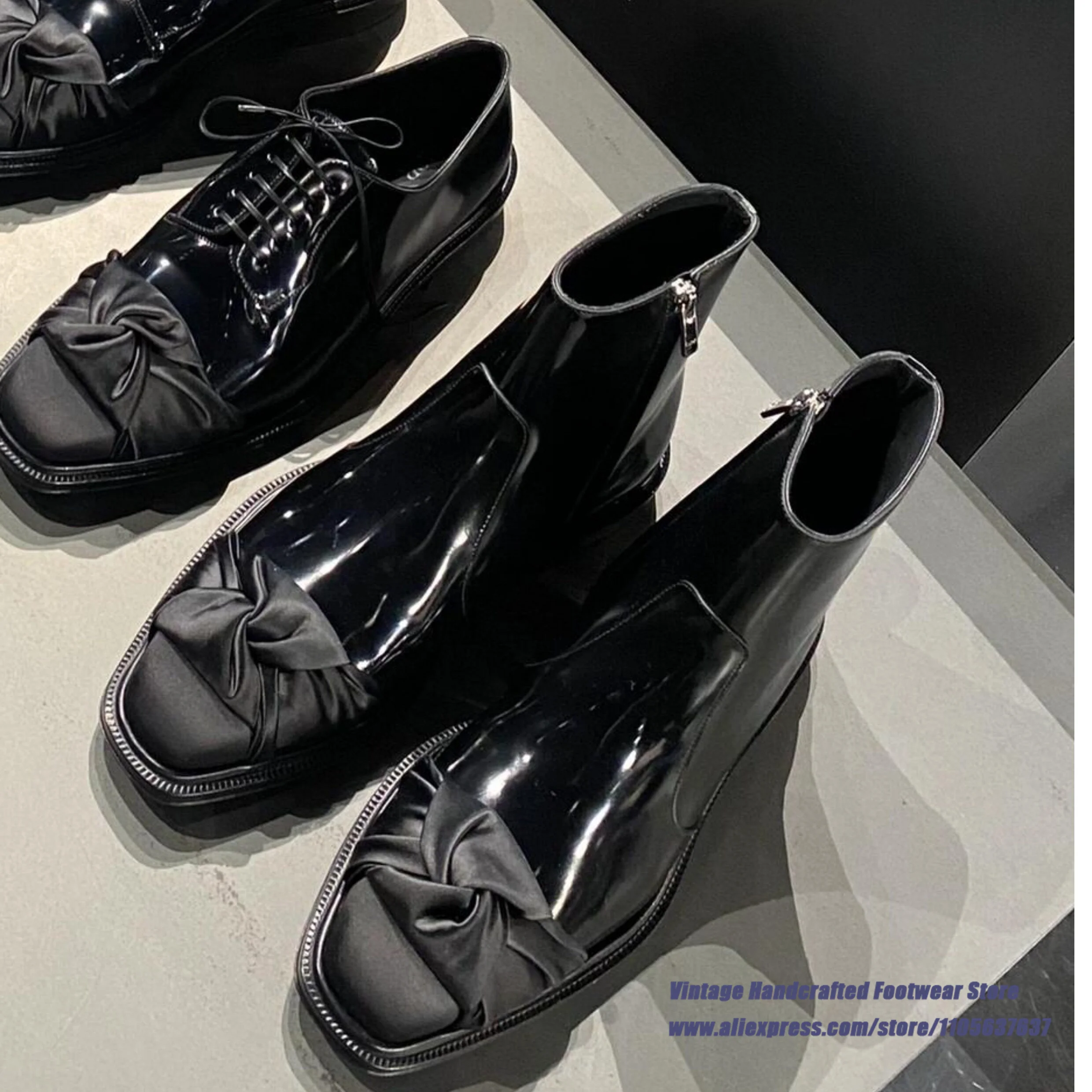 Black Gloss Patent Leather Satin Bow Side Zip Ankle Boots Elegant Square Toe Low Flat Heel Satin Knot Leather Boots Men's Shoes