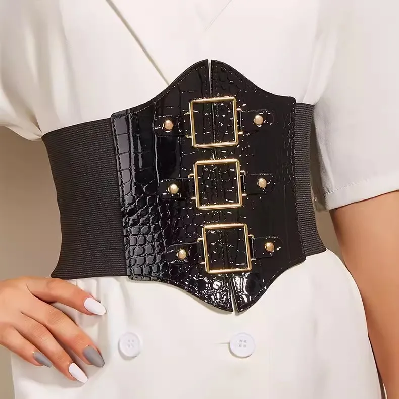 Women's Fashion Vintage PU Leather Elastic Corset Female Cummerbund Coat Waistband Dress Decration Wide Belt J382