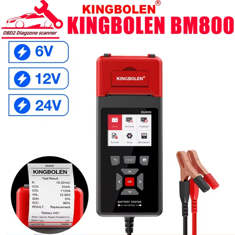 KINGBOLEN BM800 Car Battery Tester with Printer 6V 12V 24V Battery Analyzer Cranking Test & Charging Test & Max Load Test