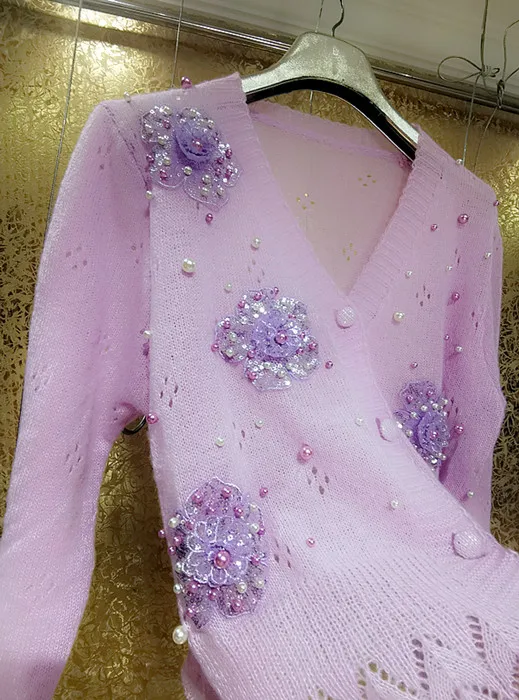 Imagem -02 - Suéter de Malha Frisada Brilhante Feminino Tridimensional Lantejoulas Flores Roxo Oco Protetor Solar Cardigan