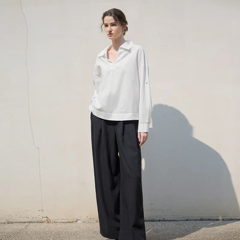 Camicetta da donna in cotone e lino con scollo a V manica lunga colore bianco vintage casual allentato moda streetwear camicie da donna da ufficio Feminino