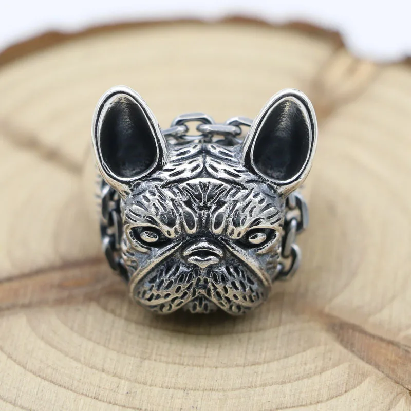 

Personalized S925 Sterling Silver Open Dog Head Ring Exaggerated Male Gothic Trendy Thai Silver Bulldog Dominant Ring Retro