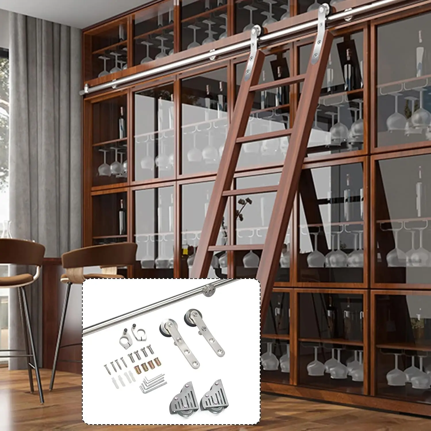 Sliding Barn Door Hardware Kit, With Floor Roller Wheels (No Ladder) Stainless Steel Round Tube Mobile Ladder Track For