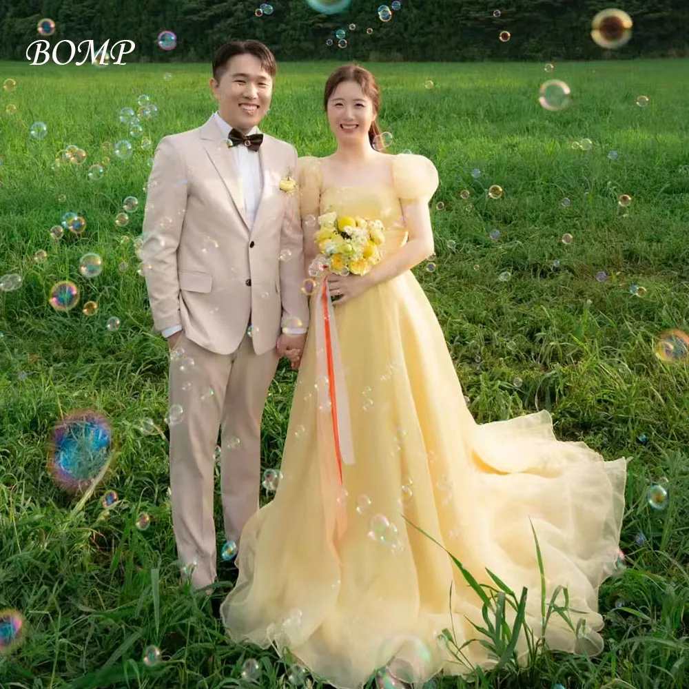 BOMP – robe de soirée de mariage jaune élégante, manches bouffantes, traîne de balayage, Organza coréen, séance Photo, robe de mariée personnalisée