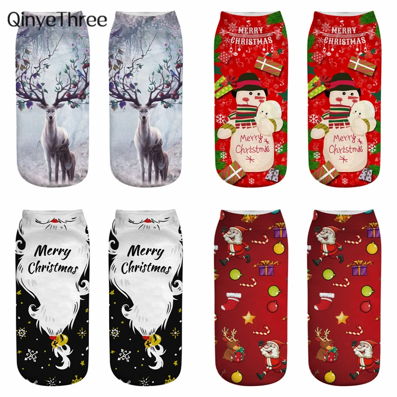 

New 3D Printed Christmas Socks Funny Cartoon Elk Snowman Santa Cat Unisex Kitten Short Ankle Xmas Family Sokken Dropship