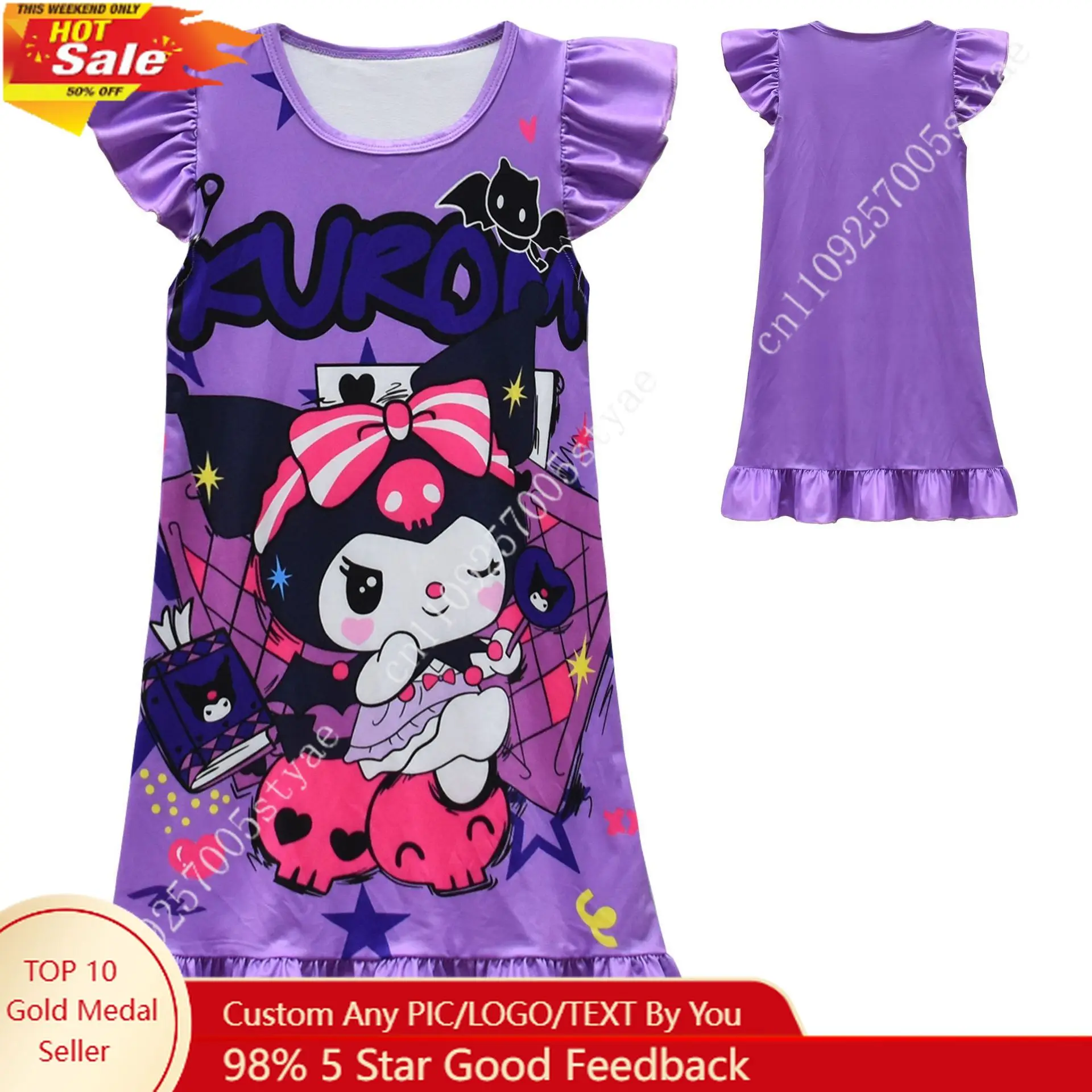 

Sanrio Kuromi Girls' Flame-Resistant Nightgown Cute Cartoon Print with Ruffled Shoulders Vibrant Night Dress