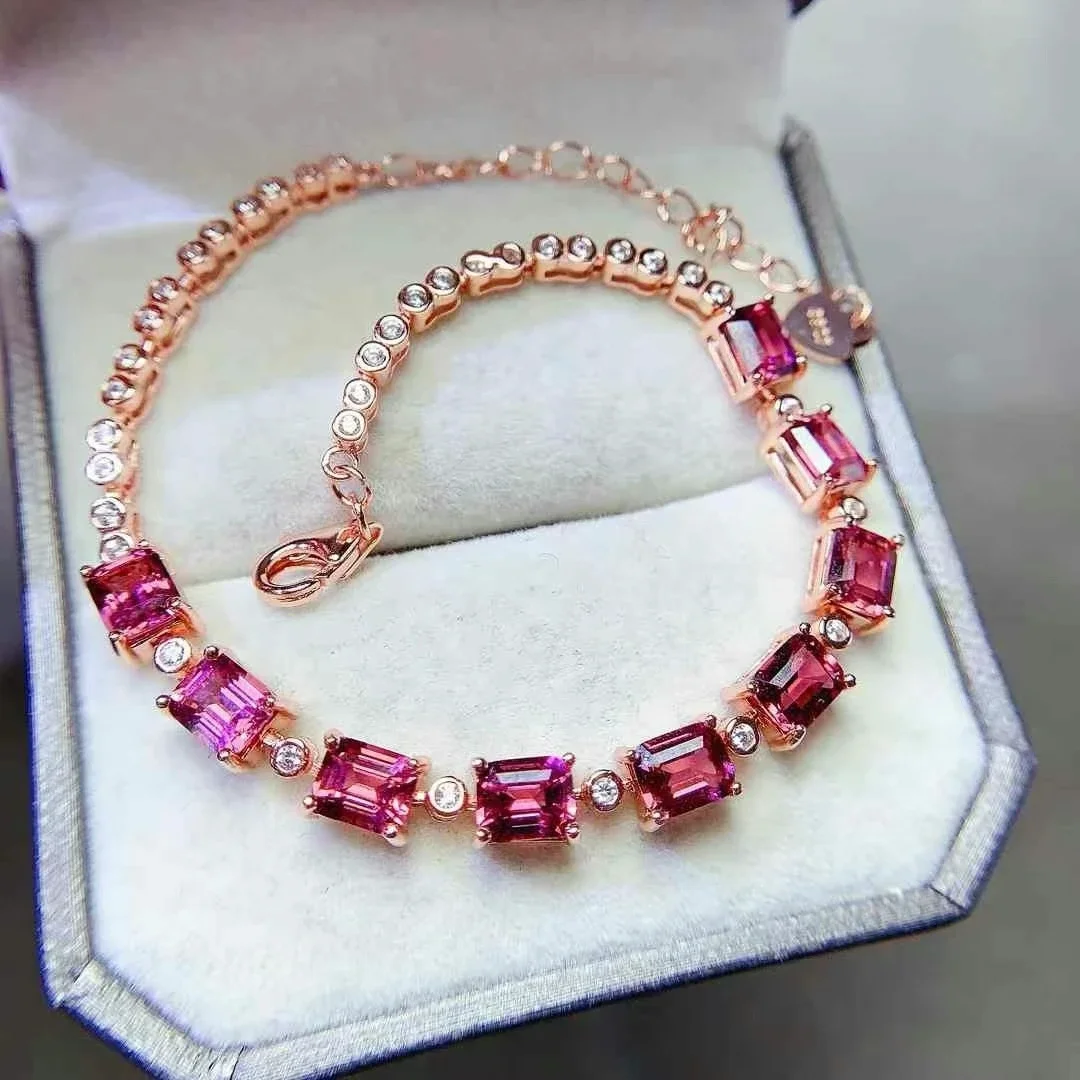 Thick 18K Gold Plated Natural Pyrope Garnet Bracelet 4*5mm Total 4.5ct Genuine Garnet 925 Silver Bracelet for Wedding