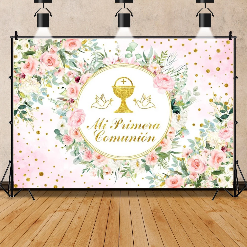 Mi Primera Comunión Pink Floral Gold Grail Dove Gold Cross Mi Bautizo Photo Background First Holy Communion Photography Backdrop