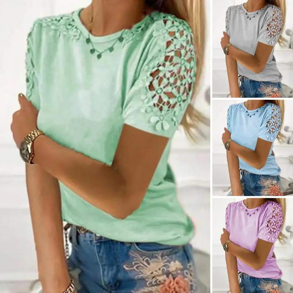 ผู้หญิงฤดูร้อน Hollow Out Lace Patchwork สีทึบรอบคอ Applique แขนสั้น Casual Slim Fit Lady เสื้อยืด