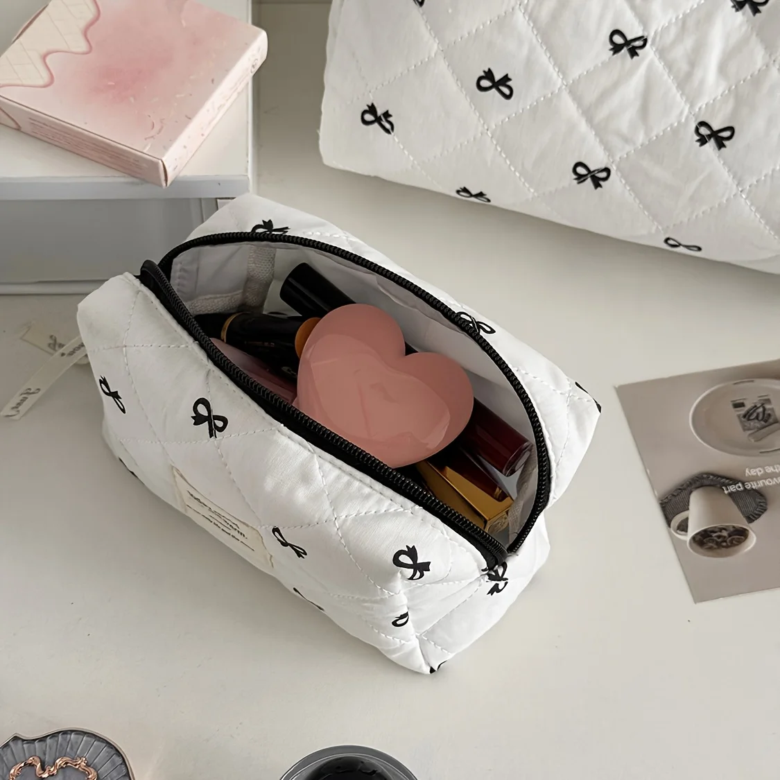 Sweet Bowknot Octagonal Makeup Bag, Korean-Style Ins Pencil Case, Large Capacity Desktop Stationery Box for Girls, New High-Value Storage Bag, High-Value Pencil Case, High-Value Travel Portable Toiletry Storage Bag