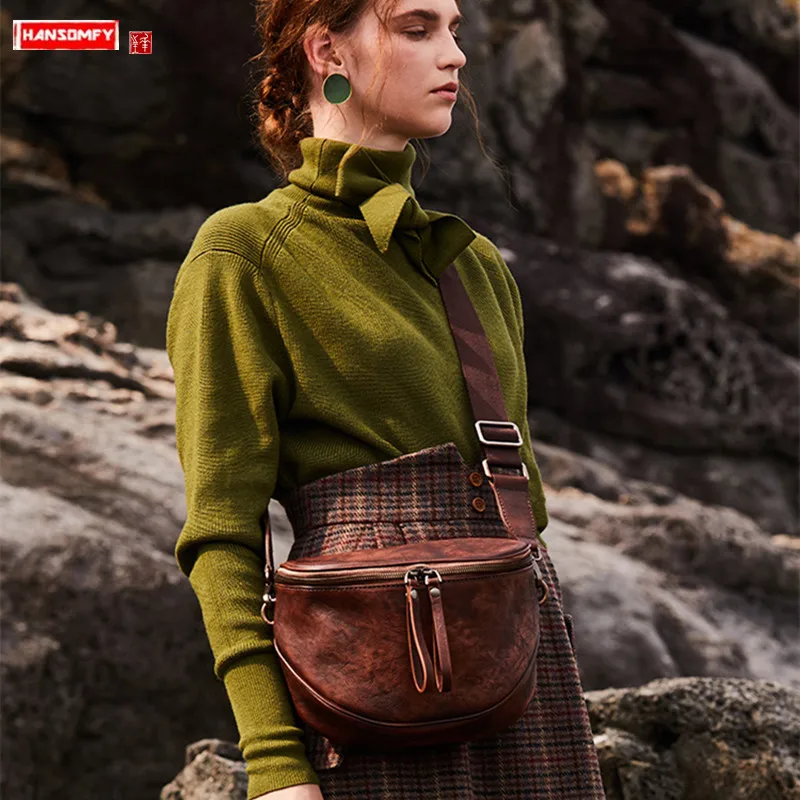 Retro Leather Women Waist Bag Female Semi-circular Leather Crossbody Chest Bag Casual Personality Saddle Bags Handmade Original