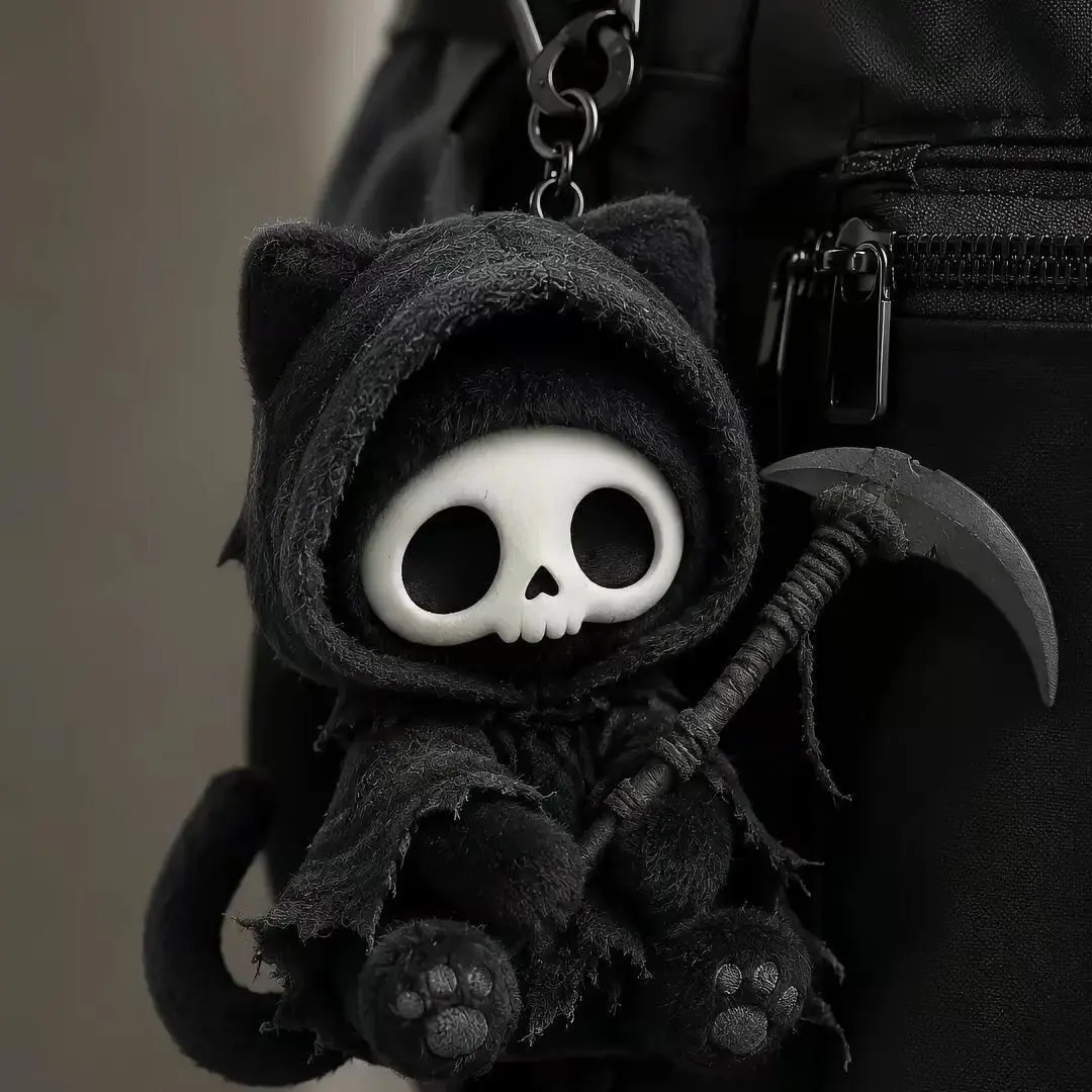 Grim Reaper Cat Plush Keychain Creative Gothic Horror Black Skull Backpack Pendant Soft Stuffed Plush Ornament For Gothic Lovers