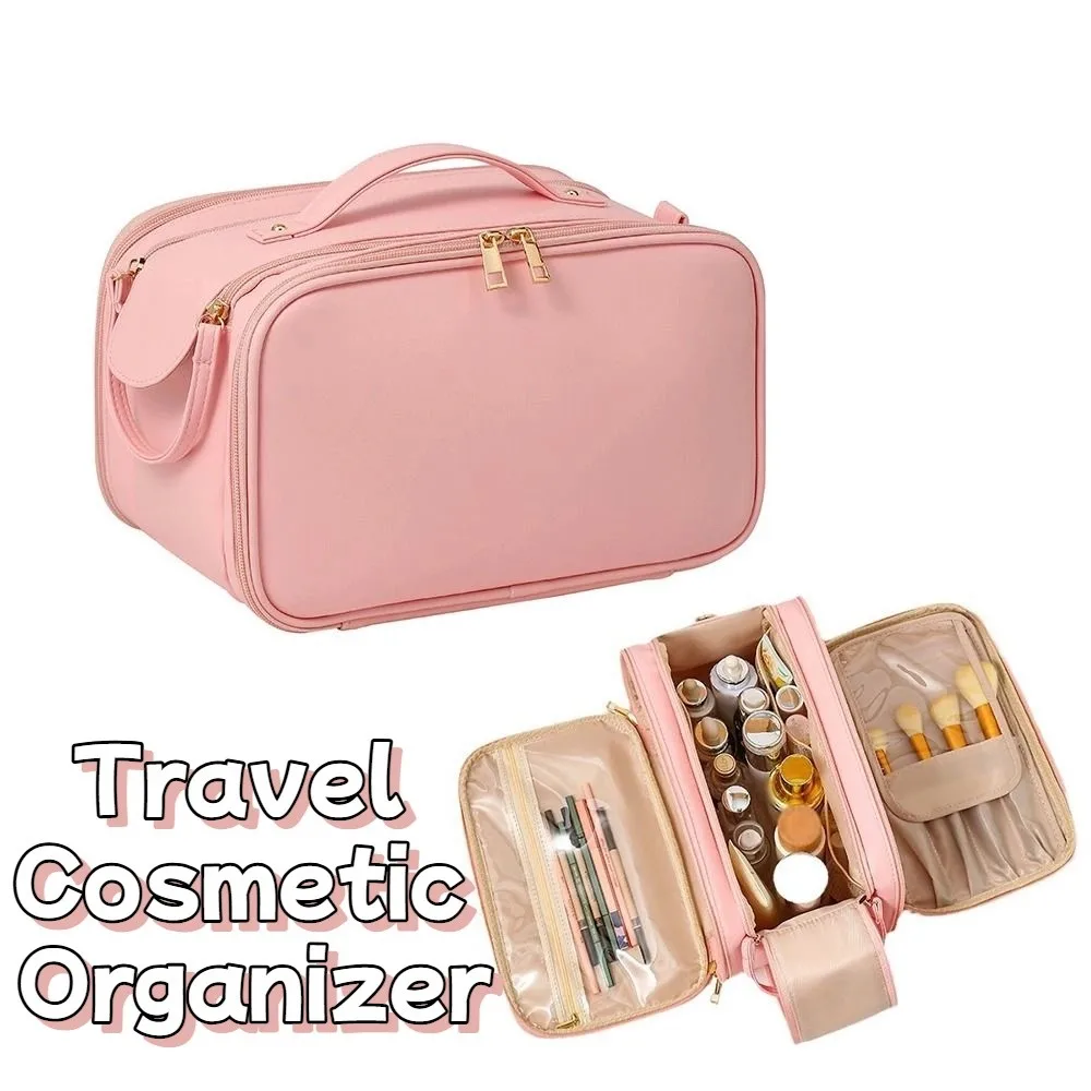 Przenośna kosmetyczka damska w jednolitym kolorze, o dużej pojemności, podróżny organizer na kosmetyki, skóra PU, podwójny zamek błyskawiczny