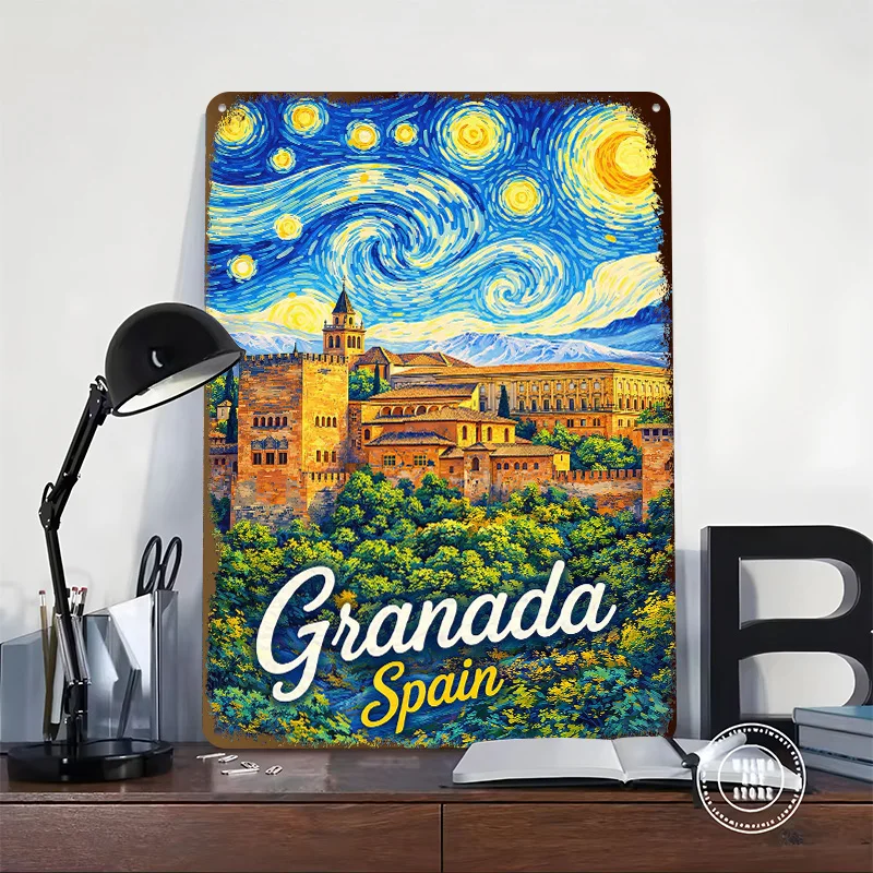 Granada Spain Starry Night Painting Personalized 3D Textured Metal Poster Wall Art Vintage Tin Signs for Home Decor Ornaments