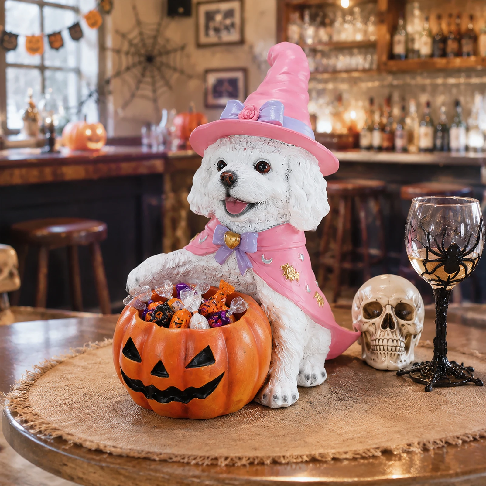 Halloween White Teddy Puppy Figurine, Witch Dog Holding Pumpkin Candy Bowl Decoration