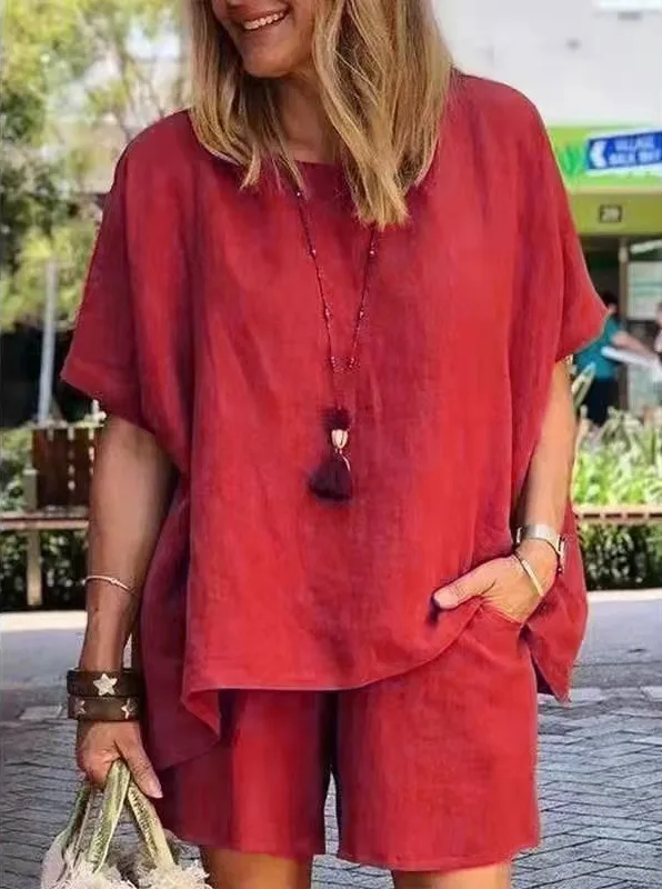 2023 Spring/Summer New Women Set Fashionable and Elegant Solid Color Loose Spliced Round Neck Short Sleeve Shorts Two Piece Set