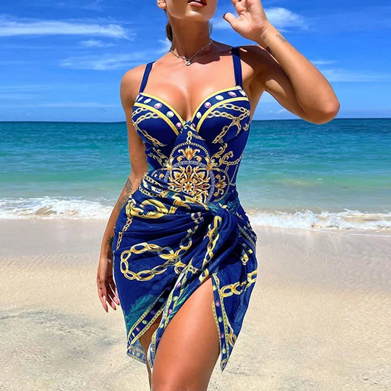 2024 New One Piece Swimsuit Sexy Back Printed Bikini Cover Up Set