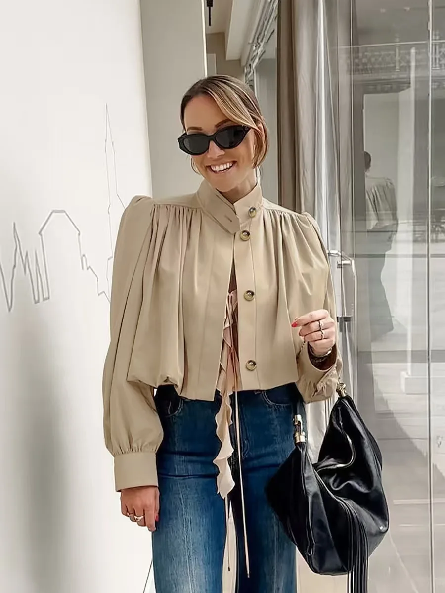 

Faionable Свободный повседневный топ с воротником-стойкой, женский топ из полиэстера, цвет на пуговицах