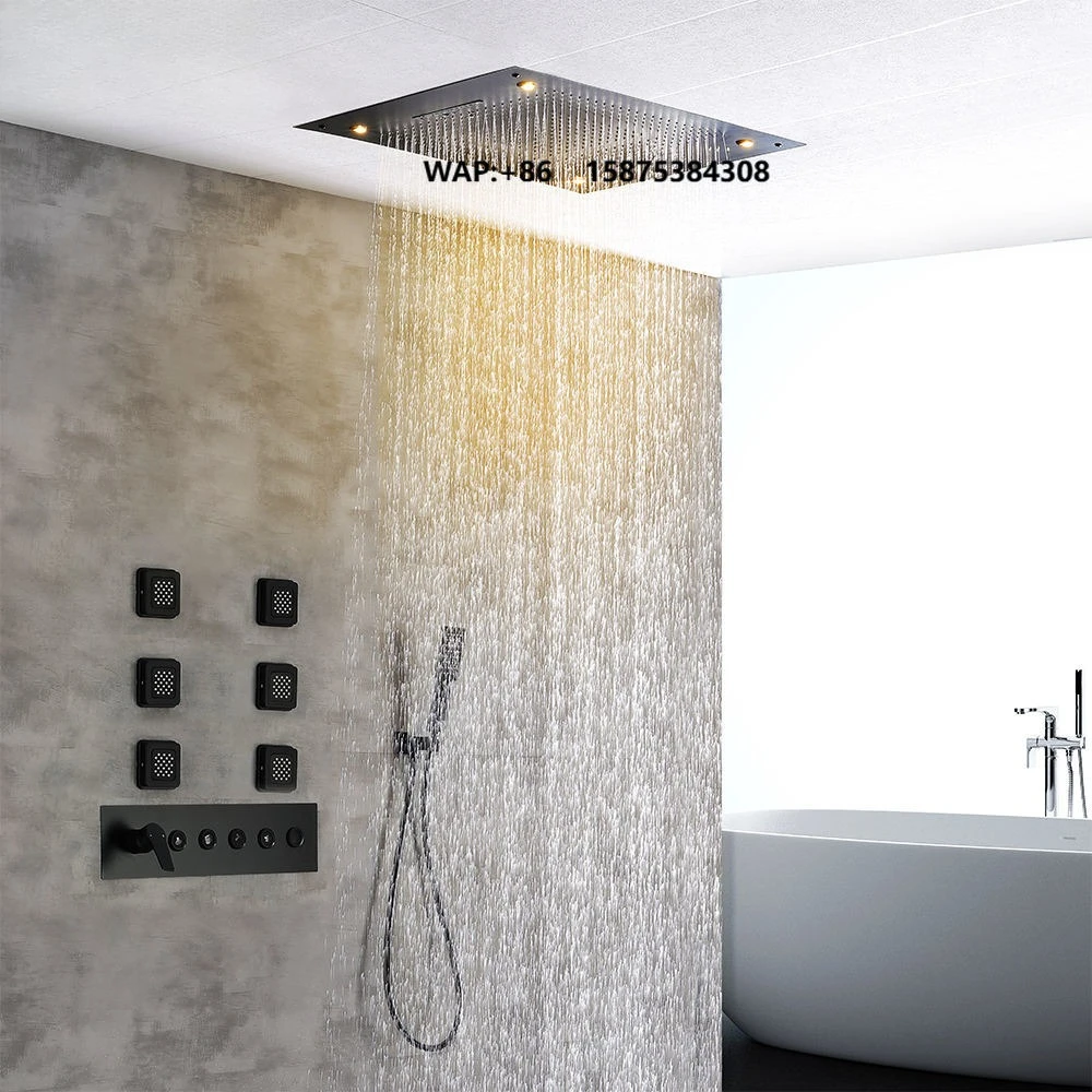 Hot Sale Bathroom Hot Cold Sus304 Ceiling LED Shower Head Rainfall Waterfall  Mixer Faucets Set Black Gold with LED Light