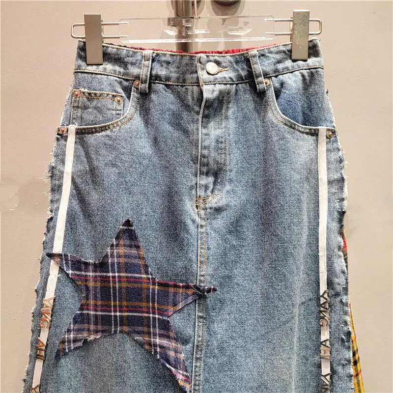 [zoci] Star Sticker, Niche Design, Blue Minimalist Plaid Patchwork Skirt Women Autumn