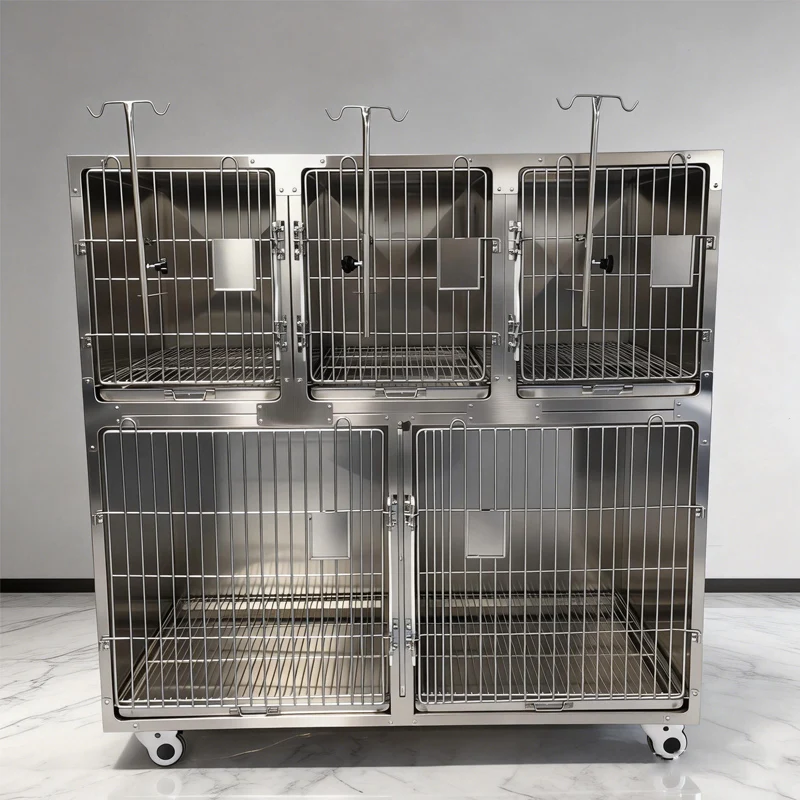 304 Stainless Steel Dog Crate with Tray Heavy Duty 5-Door Dog Cage Easy Clean Design for Home Clinic Use