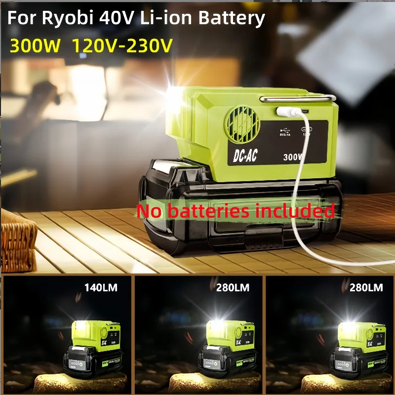 New Multi-Function 300W 120V-220V Power Inverter for Ryobi 40V Li-ion Battery Adapter Inverter with AC Outlet USB Type-C Port
