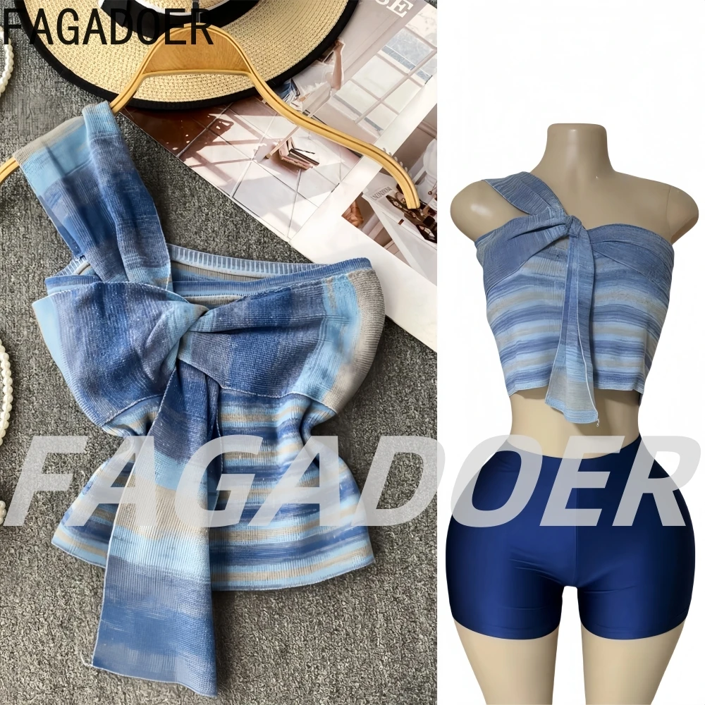 

FAGADOER Summer New Sexy Knit Stripe Patchwork T-shirt Women Color Block One Shoulder Bodycon Crop Top Female Y2k Streetwear
