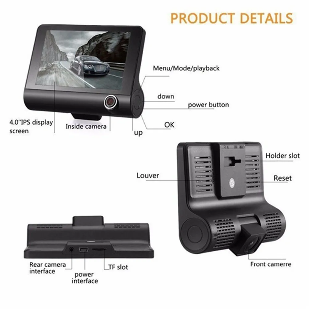 Car DVR 3 Cameras Lens 4.0 Inch Dash Camera Dual Lens With Rearview Camera Video Recorder Auto Registrator Dvrs Dash Cam