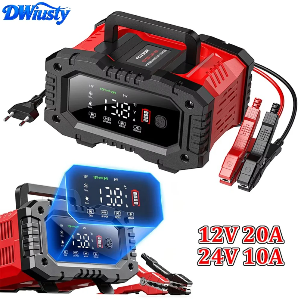 Cargador de Batería Inteligente Portátil DWiusty 25A/15A para Baterías de Coche, Motocicleta, Plomo-Ácido, AGM, GEL, LiFePo4 de 12V-24V con Reparación por Pulsos