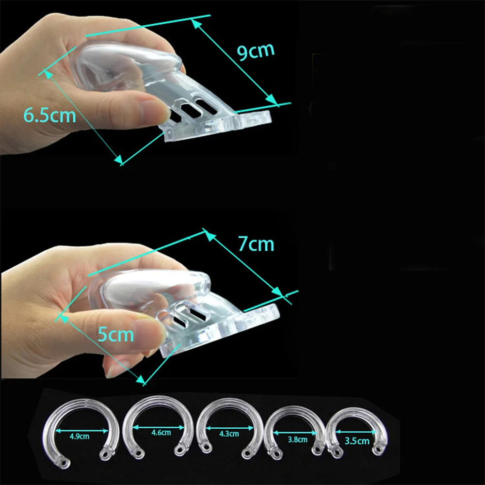 Dispositivo di castità maschile in plastica Gabbia per cazzi piccola/standard con anelli per pene di 5 dimensioni Gabbia di castità con serratura Giocattoli sessuali per uomini adulti