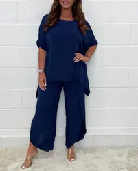 Loose Casual Solid Short Sleeved Suit Fashion Elegant Round Neck Top Split Nine Point Pants Two Piece Set 2024 Summer New Style