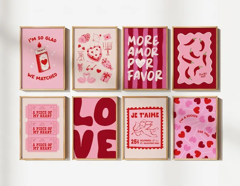 Niedlicher Rosa-Roter Valentinstag Romantischer Leinwanddruck 'More Amore' Zitat Wandkunst Poster für Moderne Wohnzimmer-Dekoration Geschenke