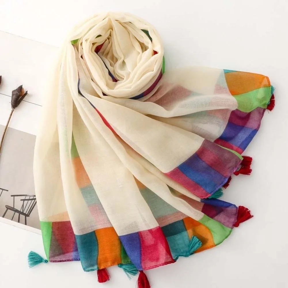 Rainbow-Border Linen Scarf Color-Block Lightweight Beach Wrap Boho-Style Breathable Sunscreen Sarong Sun-Protection